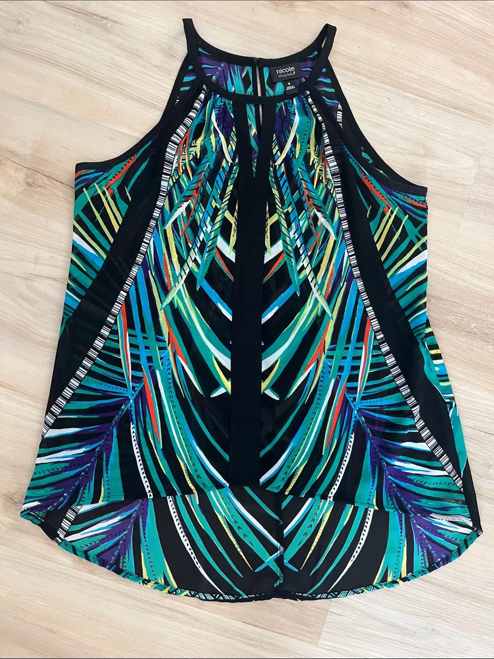 Nicole Miller Black Tropical-Print Halter Camisole with Teal & Purple Accents